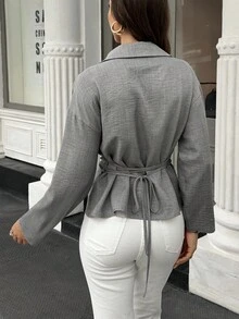 Selianne Áo sơ mi nữ thanh lịch màu trơn xếp ly eo - Xám - Xem 2
