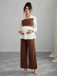 Momance 2pcs Maternity Set - Solid Color Button Decor Long Sleeve Top And Pants - Brown - View 4