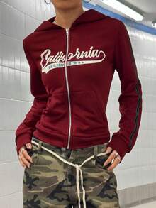 StreetHx Áo khoác nỉ trùm đầu có khóa kéo phong cách Mỹ cổ điển dành cho nữ - Màu Đỏ Sâu - Xem 4