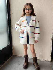 SHEIN 年轻女孩的彩色渐变条纹长袖针织开衫，柔软舒适，适合休闲、优雅场合，例如外出、旅行、度假、居家、日托、秋冬、圣诞节、返校、派对 - 白色 - 查看 3