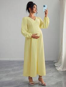 Momance Maternity Solid Color V-Neck Elegant Long Sleeve Dress - Yellow - View 8