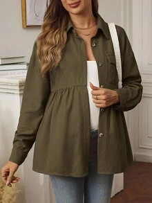 SHEIN Maternity Casual Solid Color Front Button Long Sleeve Jacket, Autumn - Army Green - View 5