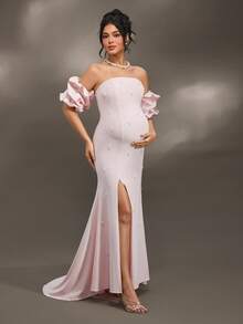 Cheriluna Maternity Cheriluna 女式法式设计串珠泡泡袖露肩孕妇装，拍照连衣裙 - 粉色 - 查看 1