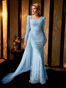 MOTF Soiréza LONG SLEEVE ASYMMETRICAL PEARL DETAIL NECKLINE MAXI BEADED EVENING DRESS WITH MERMAID HEM & SHEER OVERLAY PERFECT FOR GALA EVENTS - Blue - View 3