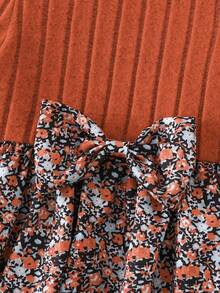 SHEIN 冬季服装、冬季套装、女婴冬季服装、秋季服装、万圣节、万圣节服装、圣诞节服装、女婴休闲碎花长袖罗纹针织连衣裙、女婴秋季焦橙色连衣裙、女婴秋季连衣裙、橙色碎花连衣裙、杏色女婴复古泡泡袖连衣裙 - 彩色 - 查看 3
