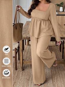 EMERY ROSE Conjunto de 2 piezas de camisa y pantalones de unicolor informal de talla grande - Caqui - Ver 1