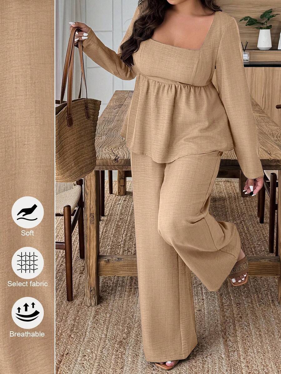 EMERY ROSE Conjunto de 2 piezas de camisa y pantalones de unicolor informal de talla grande - Caqui - Ver 1
