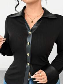 Elenzga 秋季大码女式皮革拼布休闲单排扣衬衫 - 黑色 - 查看 1