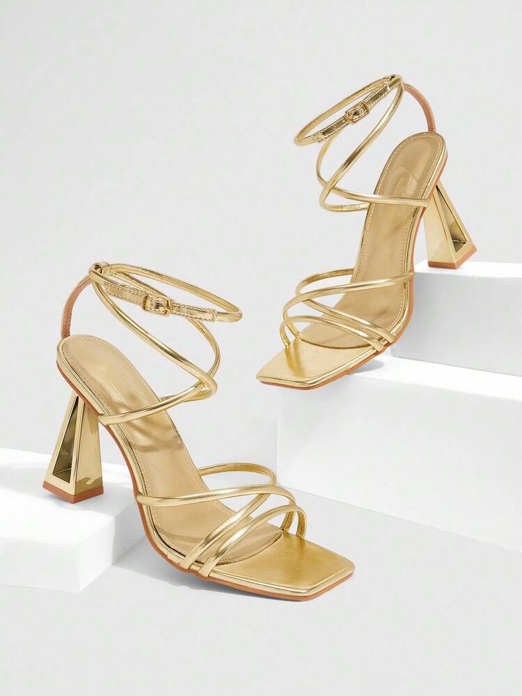 CUCCOO SZL Women's Square Toe Thick Heel Open Toe Strap Sandals, Sexy And Versatile Gold Peep-Toe Shoes For Christmas