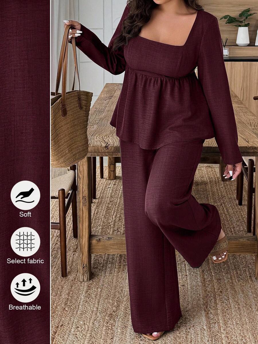 Weeklong Plus Size Solid Color Square Neck Long Sleeve Top And Pants 2 Pieces Set