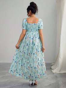 Momance Maternity Floral Print Shirred Ruffle Hem Long Dress