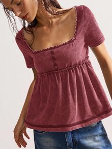 Bohemela Top ajustado de manga corta de punto lavado de unicolor casual con volantes en el cuello de tripulación para mujer - Burdeos - Ver 4