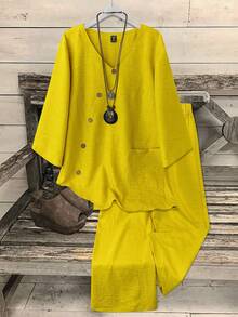 EMERY ROSE Conjunto de 2 piezas de talla grande para mujer con top de cuello en V de 3/4 de manga + pantalones rectos, de unicolor, ropa casual de oficina - Amarillo - Ver 1