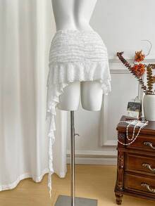 SHEIN Unity 女式新款性感蕾丝不对称荷叶边下摆 A 字迷你裙，迷人迷人