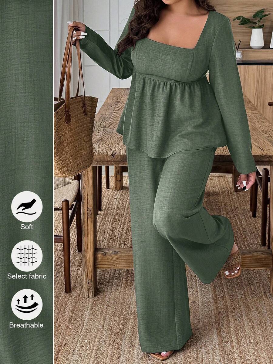 Weeklong Conjunto de 2 piezas de top de manga larga con cuello cuadrado y pantalones de unicolor talla grande - Verde militar - Ver 1