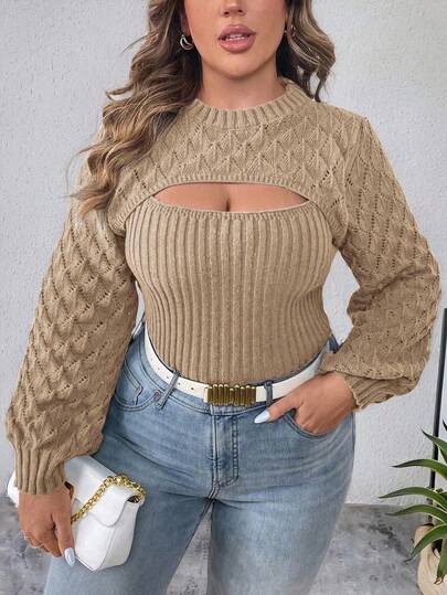 Elenzga Plus Size Solid Color Hollow Out 2 In 1 Sweater, Casual For Autumn