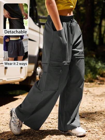 INAWLY Solva 女士宽松松紧腰大口袋可拆卸户外运动休闲短裤/长裤，深灰色，秋季