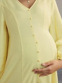 Momance Maternity Solid Color V-Neck Elegant Long Sleeve Dress - Yellow - View 5
