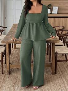 Weeklong Conjunto de 2 piezas de top de manga larga con cuello cuadrado y pantalones de unicolor talla grande - Verde militar - Ver 6