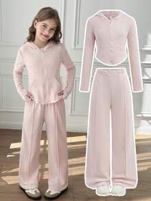 SHEIN 青少年女孩 2 件纯粉色抽绳连帽衫和阔腿裤套装，适合春秋季休闲装和日常穿着 - 粉色 - 查看 14