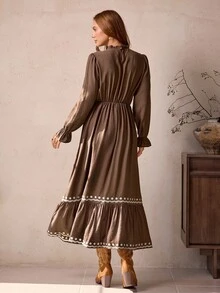 LanaWest 女式新款棕色圆领荷叶边长袖高腰喇叭形 A 字刺绣波浪下摆长款复古休闲波西米亚西部连衣裙，秋冬 - 咖啡棕 - 查看 4