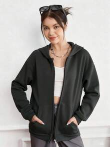 Teen Girl Casual Minimalist Solid Color Pocket Zipper Sweatshirt Long Sleeve Hooded Sweatshirt Jacket, Versatile For All Seasons Fall Winter - Dark Grey - View 4