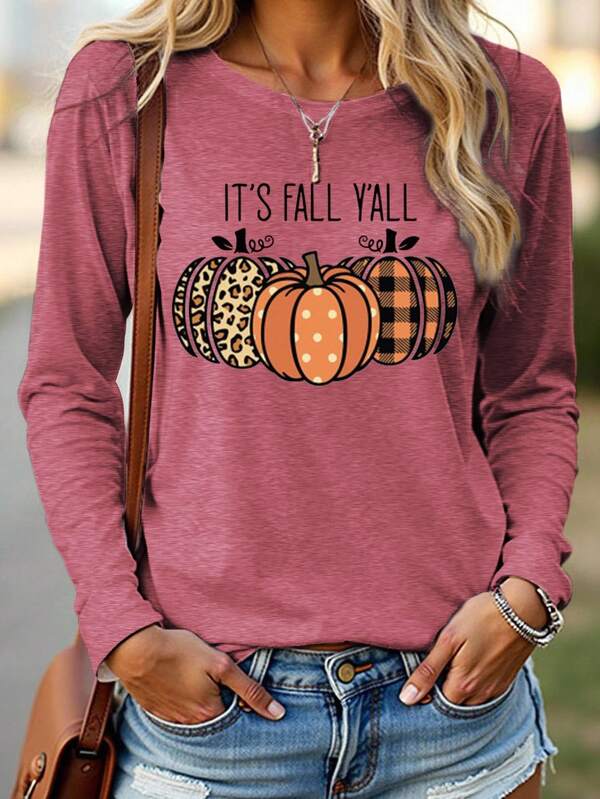 EMERY ROSE Damen Halloween Kürbis Muster Langarm T-Shirt