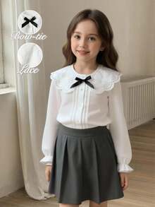 青少年女孩休闲时尚衬衫，蕾丝领，门襟设计，泡泡袖，适合返校、春季、夏季、秋季、休闲、优雅、日常穿着、度假、秋冬拍照 - 白色 - 查看 3