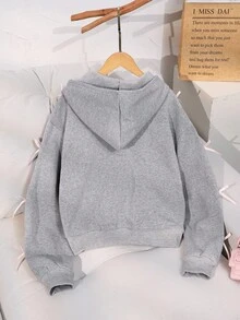SHEIN 少女纯色时尚蝴蝶结卫衣外套，舒适羊毛卫衣面料，中宽松版型，时尚袖子设计，青春活力风格，适合返校或休闲户外穿着 - 灰色 - 查看 2