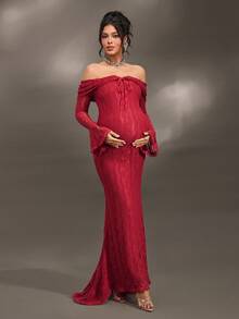 Cheriluna Maternity 优雅露肩白色蕾丝长袖美人鱼长裙，适合婚礼、派对、迎婴派对、孕妇写真拍摄、洗礼