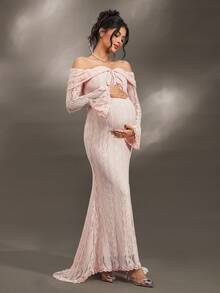 Cheriluna Maternity Elegant Off-Shoulder White Lace Long Sleeve Mermaid Maxi Dress, Suitable For Wedding, Party, Baby Shower, Maternity Photoshoot, Christening - Pink - View 1