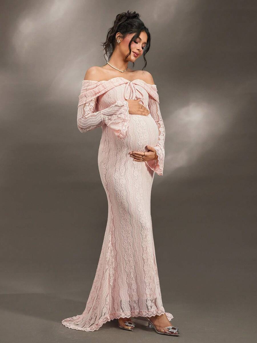 Cheriluna Maternity Elegant Off-Shoulder White Lace Long Sleeve Mermaid Maxi Dress, Suitable For Wedding, Party, Baby Shower, Maternity Photoshoot, Christening - Pink - View 1