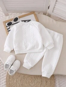 SHEIN Playful Pals 2 件套女婴舒适休闲针织麻花圆领插肩袖马刺绣上衣和松紧腰裤套装，适合春秋过渡期日常穿着 - 彩色 - 查看 3