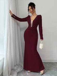 Elenzga Vestido de fiesta elegante y romántico para mujer con escote en V, cintura con lazo con cuentas y dobladillo con volantes - Burdeos - Ver 7