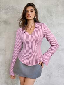 SHEIN Unity 女式休闲条纹纽扣前喇叭袖衬衫，秋季 - 粉色 - 查看 3