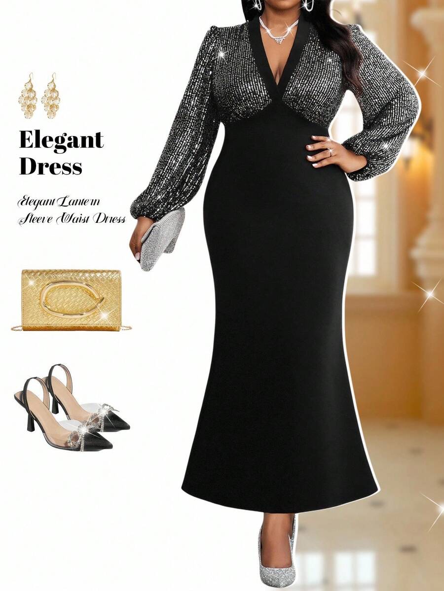 Fleurora Women's Plus Size Black Autumn Elegant Formal Evening Dress,V-Neck Lantern Sleeve Sequin Sparkly Slim A-Line Long Party Wedding Guest Graduation Gown - Black - View 1
