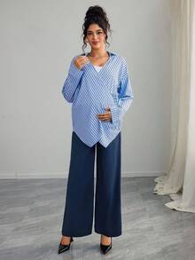 SHEIN 2pcs Maternity Striped Top And Straight Leg Pants Set, Casual & Versatile - Blue - View 8