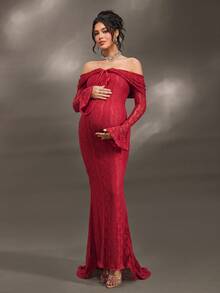 Cheriluna Maternity 优雅露肩白色蕾丝长袖美人鱼长裙，适合婚礼、派对、迎婴派对、孕妇写真拍摄、洗礼