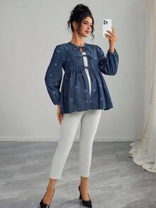 SHEIN 孕妇蝴蝶印花打结休闲长袖牛仔衬衫 - 深色水洗藍 - 查看 6