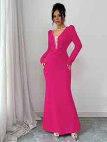 Elenzga Vestido elegante y romántico de mujer con cuello en V, cintura con lazo y corte evasé, con decoración de perlas, adecuado para ocasiones formales