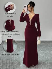 Elenzga Vestido de fiesta elegante y romántico para mujer con escote en V, cintura con lazo con cuentas y dobladillo con volantes - Burdeos - Ver 1
