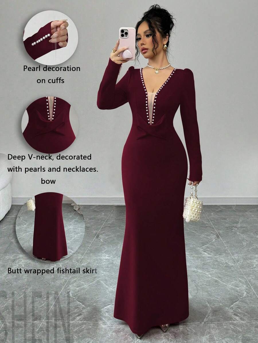 Elenzga Vestido de fiesta elegante y romántico para mujer con escote en V, cintura con lazo con cuentas y dobladillo con volantes - Burdeos - Ver 1