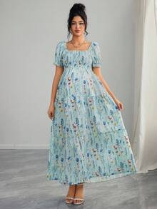Momance Maternity Floral Print Shirred Ruffle Hem Long Dress