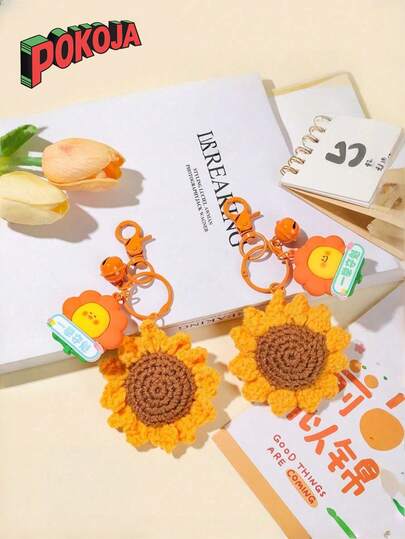 POKOJA LAND Lucky Sunflower Handmade Crochet Keychain W/Hook - Boho Flower Charm Accessory Gift For Bag Keys Purse