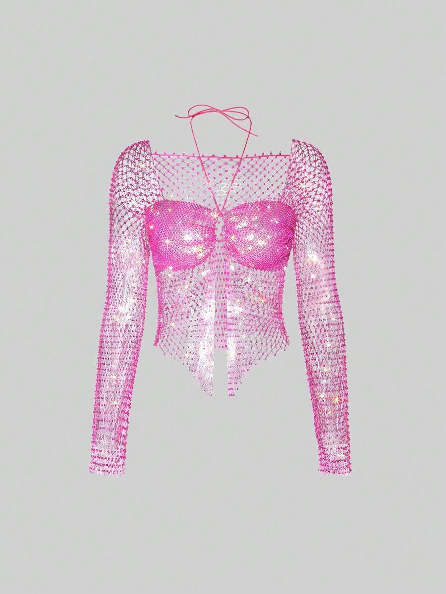 EgrlEra 女士水钻渔网短款上衣，适合酒吧、派对、音乐节 - 玫紅色 - 查看 1