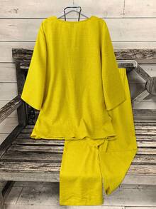 EMERY ROSE Conjunto de 2 piezas de talla grande para mujer con top de cuello en V de 3/4 de manga + pantalones rectos, de unicolor, ropa casual de oficina - Amarillo - Ver 2