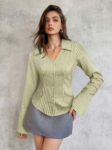 SHEIN Unity قميص مخطط للنساء للارتداء اليومي والتنقل - أخضر - مشاهدة 6