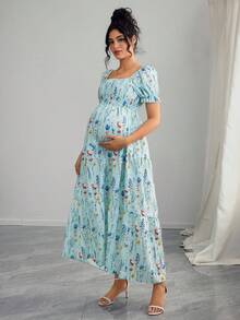 Momance Maternity Floral Print Shirred Ruffle Hem Long Dress