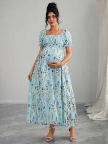 Momance Maternity Floral Print Shirred Ruffle Hem Long Dress