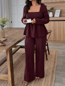 EMERY ROSE 加大码纯色方领长袖上衣和裤子两件套